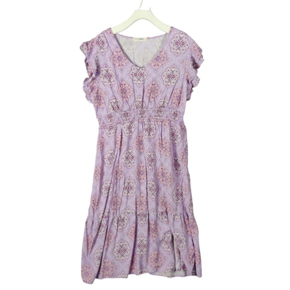 Live to be Spoiled Women Cottage Prairie Floral 2X Dress Ruffle Sleeve Tier Midi